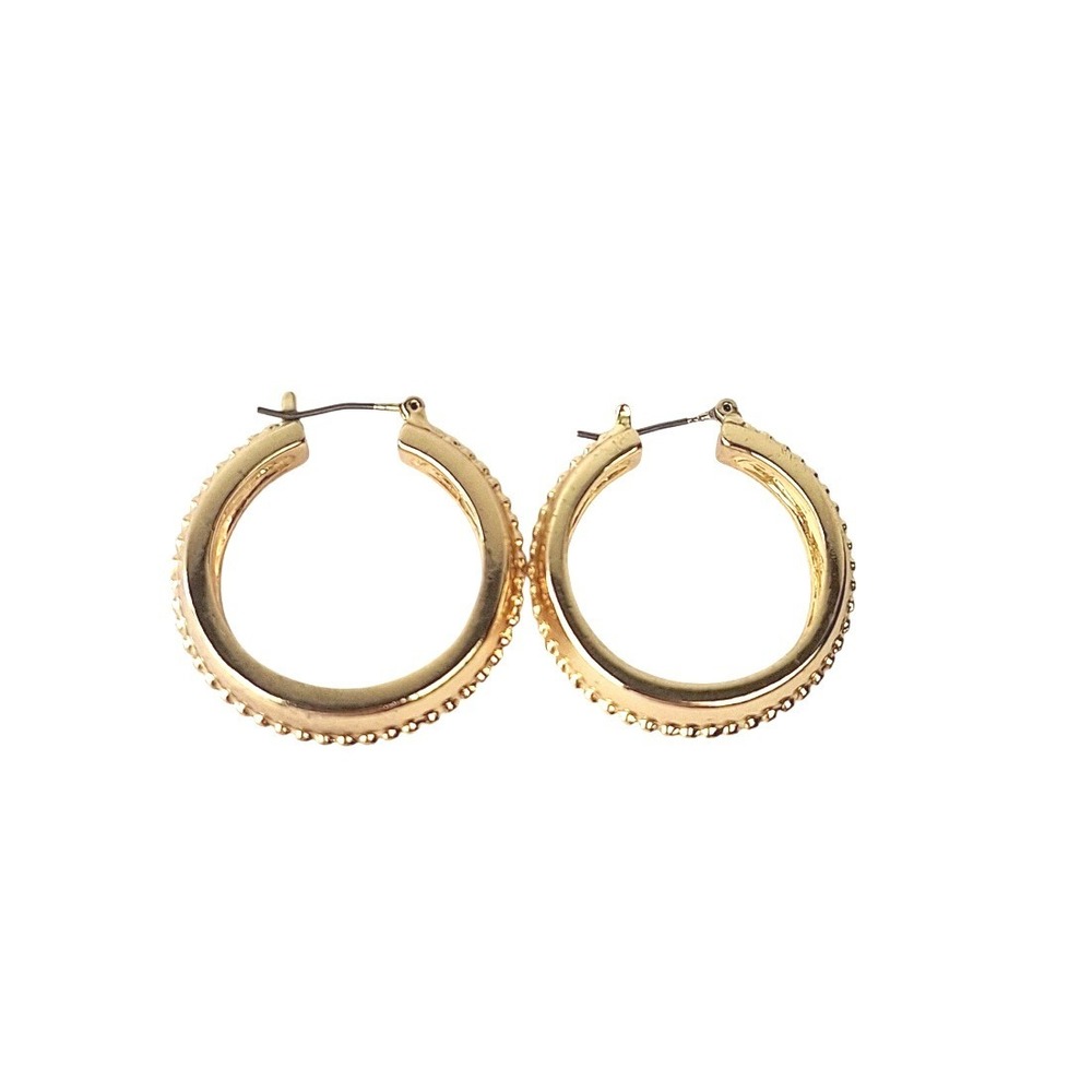 Gold Tone Beaded Texture Medium Hoop‎ Earrings Polished Classic Jewelry
